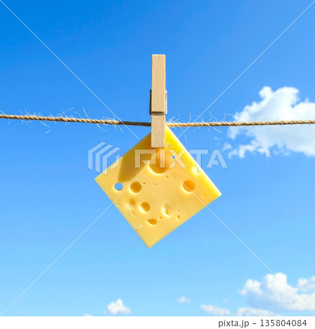 Slice of Cheese Clipped to Clothesline Against Clear Sky Slice of Cheese Clipped to Clothesline Against Clear Sky 135804084