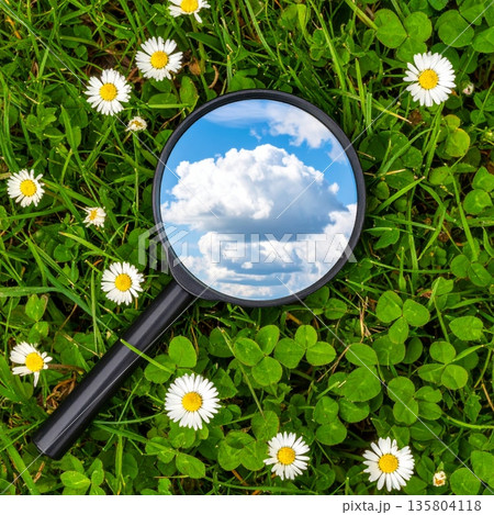 Magnifying Glass on Green Field Showing Sky Inside Magnifying Glass on Green Field Showing Sky Inside 135804118