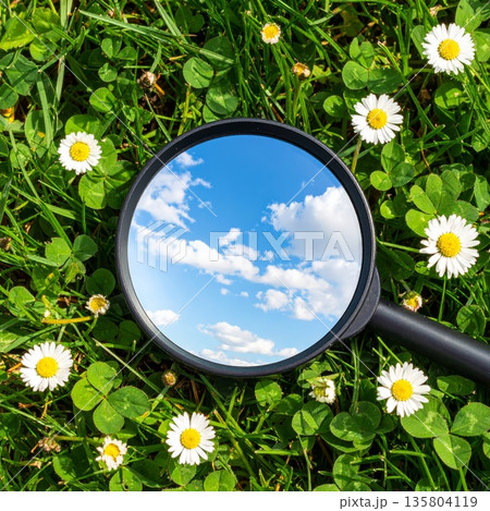 Magnifying Glass on Green Field Showing Sky Inside Magnifying Glass on Green Field Showing Sky Inside 135804119