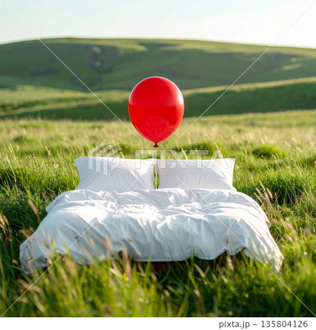Red Balloon on Bed in Open Meadow Red Balloon on Bed in Open Meadow 135804126