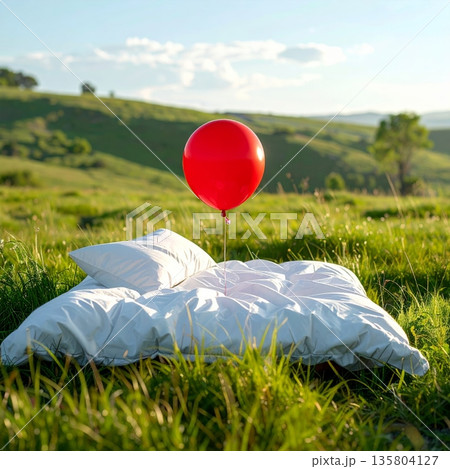 Red Balloon on Bed in Open Meadow Red Balloon on Bed in Open Meadow 135804127