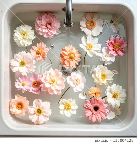 Country Kitchen Sink Filled with Water and Floating Flowers Country Kitchen Sink Filled with Water and Floating Flowers 135804129