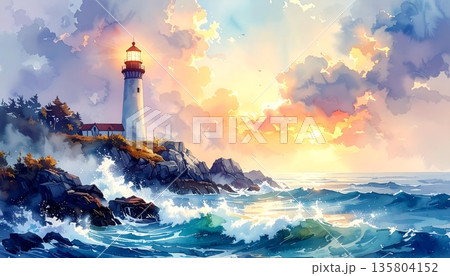 Peaceful Coastal Landscape with Elegant Lighthouse on Rocky Cliffs 135804152