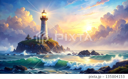 Peaceful Coastal Landscape with Elegant Lighthouse on Rocky Cliffs 135804153