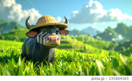 Terraced Green Rice Field with Buffalo Wearing Straw Hat Terraced Green Rice Field with Buffalo Wearing Straw Hat 135804163