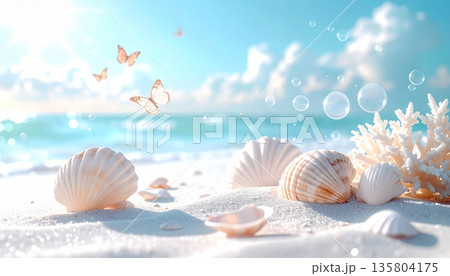 Pastel Seashells on White Sand Beach with Coral, Butterflies, and Bubbles 135804175