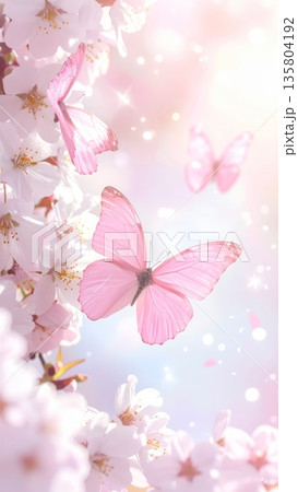 Light Pink Glitter Butterfly Around White Sakura Flowers 135804192