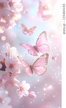 Light Pink Glitter Butterfly Around White Sakura Flowers 135804193