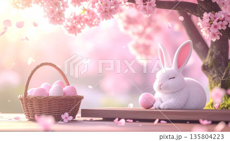 Cute 3D Easter Scene Under Cherry Blossoms with Bunny Sleeping Beside Basket on Wooden Bench Cute 3D Easter Scene Under Cherry Blossoms with Bunny Sleeping Beside Basket on Wooden Bench 135804223