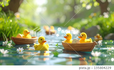 Cute 3D Easter Scene with Yellow Duckling Floating in Stream and Miniature Eggs on Wooden Raft 135804229