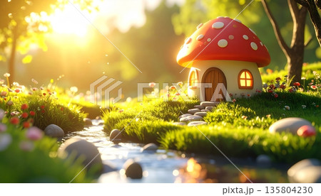 Cute 3D Mushroom House in Wide Meadow with Stream Flowing in Morning Sunlight 135804230