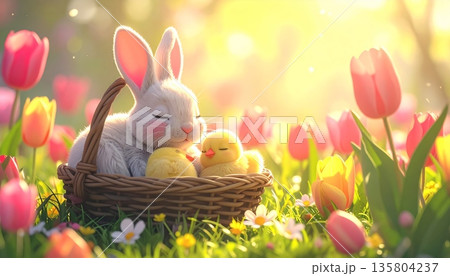 Cute 3D Tulip Field with Bunny and Chick Sleeping Together in Basket in Soft Sunlight 135804237