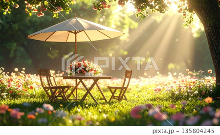 Cute 3D Picnic Table with Chairs and Umbrella in Flower Meadow, Romantic Atmosphere 135804245
