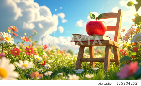 Cute 3D Wooden Chair with Book and Apple in Flower Meadow 135804252