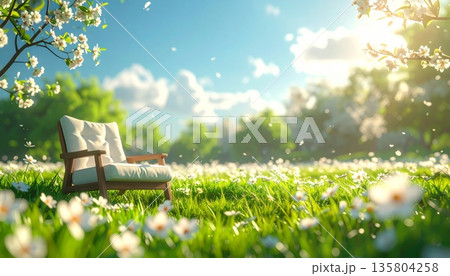 Cute 3D Single Chair in Green Meadow Full of Blooming White Flowers 135804258