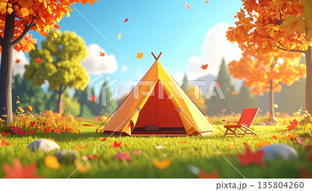Cute 3D Tent on Grass in Autumn Cute 3D Tent on Grass in Autumn 135804260