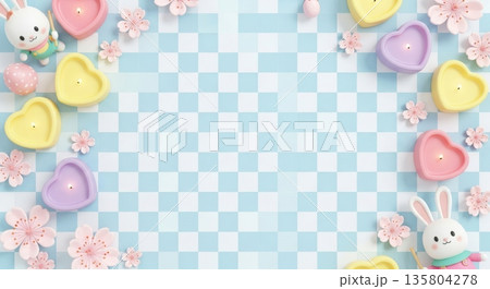 3D Easter Background with Heart Candle, Cherry Blossoms, and Bunny 135804278