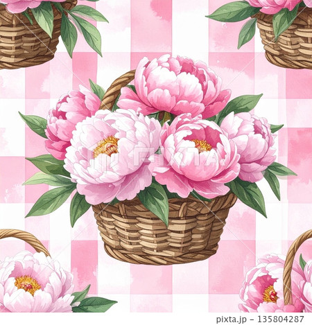 Easter Watercolor Seamless Pattern Basket with Peonies 135804287