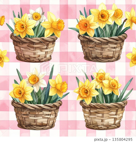 Easter Watercolor Seamless Pattern Basket with Daffodils Easter Watercolor Seamless Pattern Basket with Daffodils 135804295