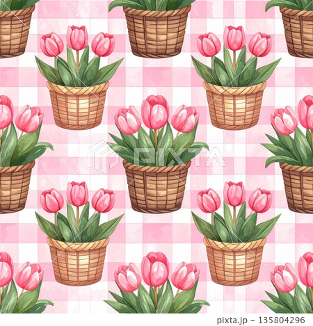 Easter Watercolor Seamless Pattern Basket with Tulips Easter Watercolor Seamless Pattern Basket with Tulips 135804296