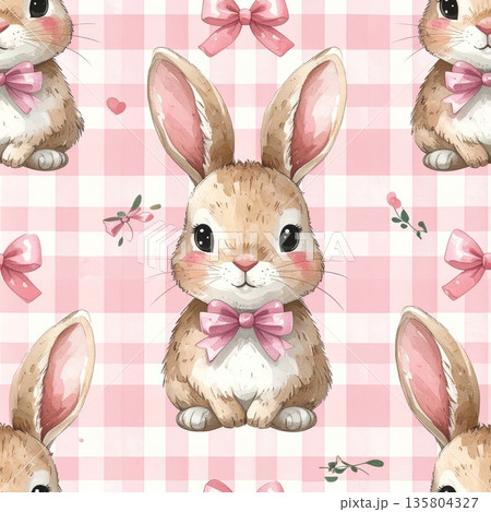 Easter Watercolor Seamless Pattern Rabbit with Ribbon Bow Easter Watercolor Seamless Pattern Rabbit with Ribbon Bow 135804327