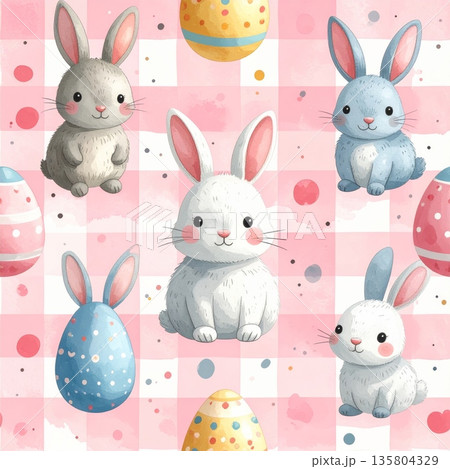 Easter Watercolor Seamless Pattern Rabbit and Decorated Eggs 135804329