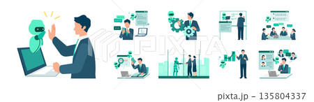 AIを活用したビジネスシーンのイラストセット 会話支援や事務作業の効率化 135804337