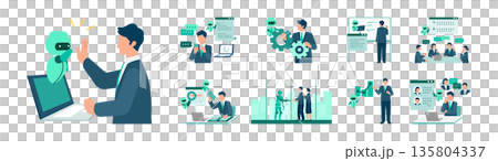 AIを活用したビジネスシーンのイラストセット 会話支援や事務作業の効率化 135804337