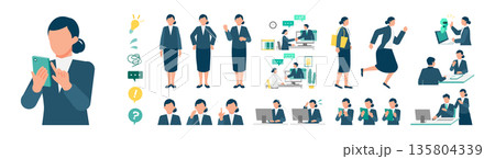 AI活用と在宅勤務に対応した働く女性のポーズセット ビジネスシーンを幅広く表現 135804339