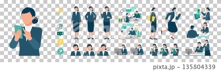 AI活用と在宅勤務に対応した働く女性のポーズセット ビジネスシーンを幅広く表現 135804339