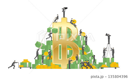 Thai Baht Currency and Financial Growth Concept, Business Teamwork with Tiny People on Giant Gold Baht Symbol, Money Banknotes and Coins 135804396