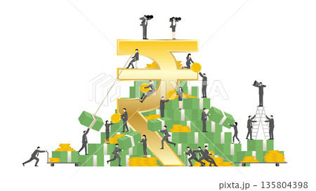 Indian Rupee Currency and Economic Growth Concept, Business Teamwork with Tiny People on Giant Gold Rupee Symbol, Money Banknotes and Coins 135804398