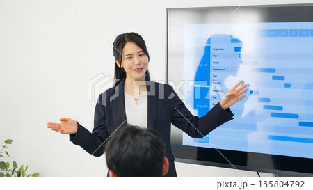 モニターを使ってプレゼンテーションする女性ビジネスパーソン 135804792