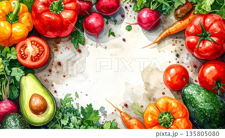 コピースペースのある野菜を並べたイラスト 背景:白背景 AI生成素材 コピースペースのある野菜を並べたイラスト 背景:白背景 AI生成素材 135805080