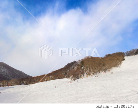 夕方間近のスノーパーク尾瀬戸倉で無数の滑走跡が残る広大な麓のゲレンデ (群馬県、片品村) 135805178