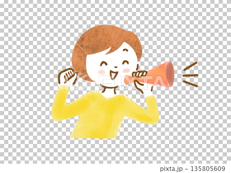メガホンで声援を送っている女性の上半身イラスト メガホンで声援を送っている女性の上半身イラスト 135805609