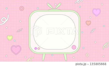記号やハートにブラウン管テレビがあるレトロポップで可愛いピンク背景 記号やハートにブラウン管テレビがあるレトロポップで可愛いピンク背景 135805668