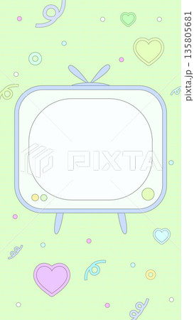 縦長サイズで記号やハートにブラウン管テレビがあるレトロポップなグリーン背景 縦長サイズで記号やハートにブラウン管テレビがあるレトロポップなグリーン背景 135805681