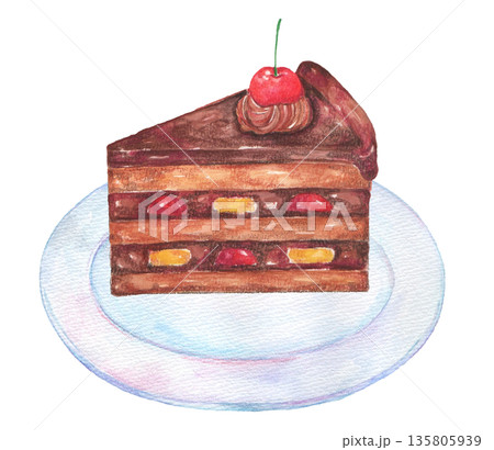 水彩で描いたチョコレートケーキ 水彩で描いたチョコレートケーキ 135805939