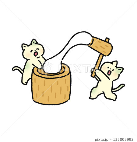 餅つきするネコ 135805992