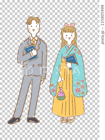 圖:一位身著袴服的女子和一位身穿西裝的男子手持畢業證書站立。 圖:一位身著袴服的女子和一位身穿西裝的男子手持畢業證書站立。 135805999