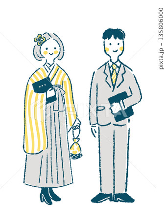 卒業証書を持って立っている袴姿の女性とスーツの男性のイラスト 卒業証書を持って立っている袴姿の女性とスーツの男性のイラスト 135806000