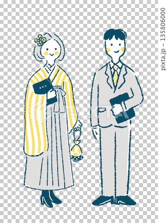 卒業証書を持って立っている袴姿の女性とスーツの男性のイラスト 卒業証書を持って立っている袴姿の女性とスーツの男性のイラスト 135806000