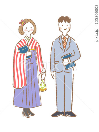卒業証書を持って立っている袴姿の女性とスーツの男性のイラスト 135806002