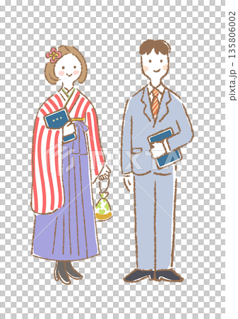 卒業証書を持って立っている袴姿の女性とスーツの男性のイラスト 135806002