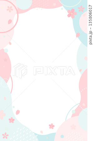 ピンクと水色のポップな桜フレーム_背景なし1_縦 135806017