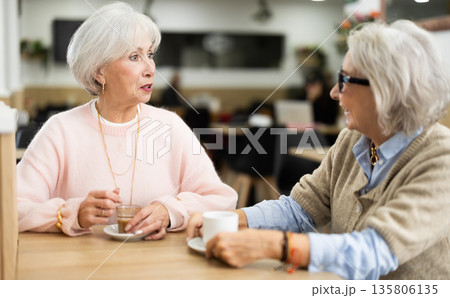 Two aged women friends or family drinking coffee and chatting at table in cafe Two aged women friends or family drinking coffee and chatting at table in cafe 135806135