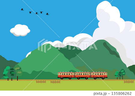 夏、入道雲がわく青空の下、おもちゃ風の気動車が走る風景のイラスト 135806262