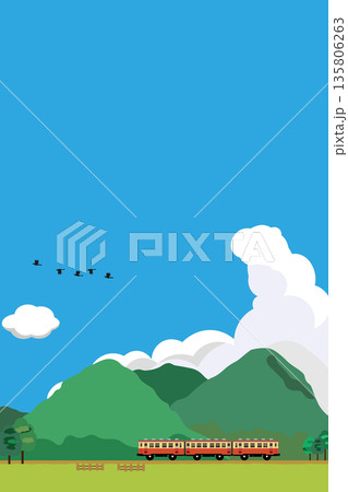 夏、入道雲がわく青空の下、おもちゃ風の気動車が走る風景のイラスト_縦 夏、入道雲がわく青空の下、おもちゃ風の気動車が走る風景のイラスト_縦 135806263