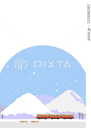 おもちゃ風の気動車が雪の中を走る風景イラスト_縦 おもちゃ風の気動車が雪の中を走る風景イラスト_縦 135806265